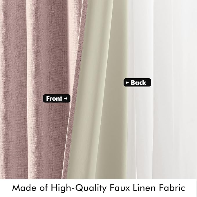 MIULEE 100% Blackout Linen Curtains for Bedroom, Pink Solid Luxury Decor Thermal Insulation Room Darkening Drapes for Living Room Nursery Back Tab Rod Pocket 42 x 90 Inches, 2 Panels