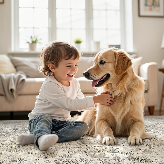 zesthome Washable Round Rug - 5ft Ultra-Thin Circle Area Rugs, Vintage Non-Slip Low Pile Rug for Living Room, Stain Resistant Rug for Bedroom, Entryway, Kitchen, Nursery