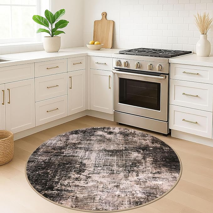 IOHOUZE Round Area Rug 5 Ft Circle Entryway Rugs Round Washable Door Mat Indoor Entrance, Non Slip Circle Front Door Rug, Printed Abstract Faux Wool Floor Carpet for Foyer Porch Sink, Brown/Rust