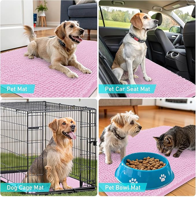 OLANLY Dog Door Mat for Muddy Paws 30x17, Absorbs Moisture and Dirt, Absorbent Non-Slip Washable Doormat, Quick Dry Chenille Mud Mat for Dogs, Entry Indoor Entryway Carpet for Inside Floor, Pink
