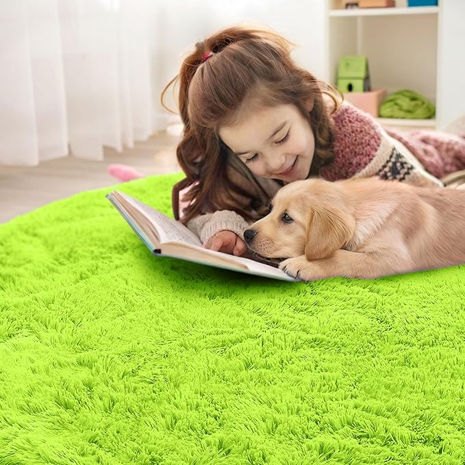 OLANLY Lime Green Round Rugs for Bedroom - Machine Washable, 3 ft Circle Area Rugs for Living Room, Soft and Fluffy Shaggy Carpet for Teen Girl and Boys, Nursery Rooms, Dorms, Home Decor Aesthetic
