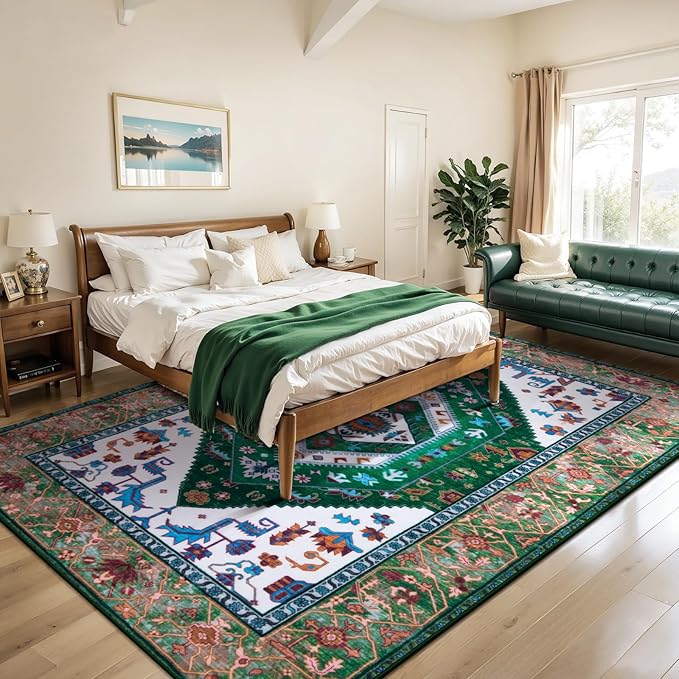 SERISSA 6x9 Area Rugs for Living Room, Large Washable Non-Slip Boho Rug, Ultra Soft Vintage Green White Oriental Tribal Print Distressed Carpet for Dining Room Bedroom Dorm Office Home Decor