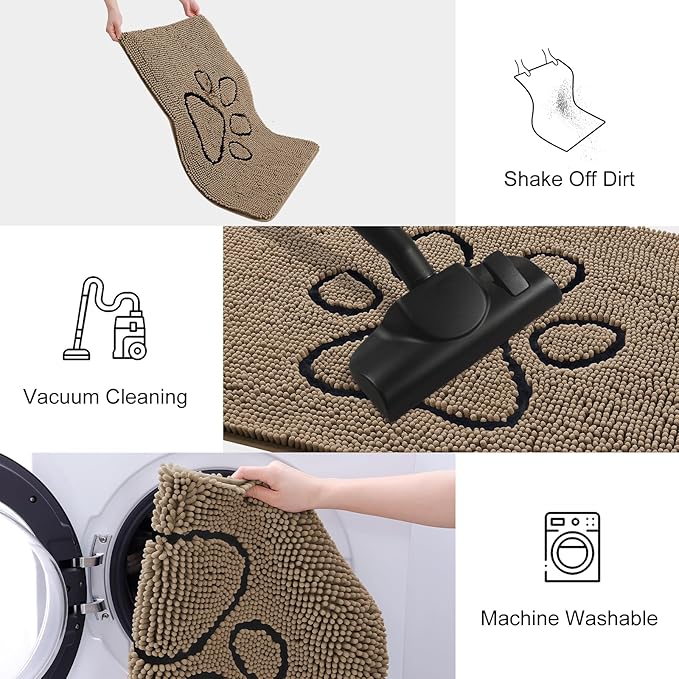 Smiry Dog Door Mat for Muddy Paws, Absorbent Dirt Trapper Non Slip Quick Dry Washable Chenille Mat for Mud Dogs, Entry Rug for Indoor and Outdoor (59x24 Inches, Camel and Black)