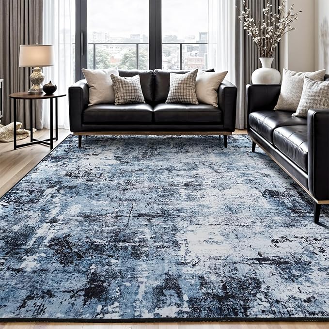 Rugflix 10x14 Area Rugs for Living Room, Washable Large Rug Stain-Resistant Low Pile, Modern Dark Carpet for Dining Room Home Office Kid Room Nursery Bedroom, Navy Blue/Black