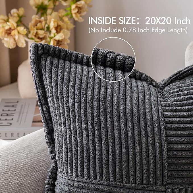 MIULEE Decorative Throw Pillow Covers for Couch Bed Livingroom 20x20 Inch Set of 2 Dark Grey Boho Accent Throw Pllows Broadside Striped Patchwork Soft Corduroy Pillowcases