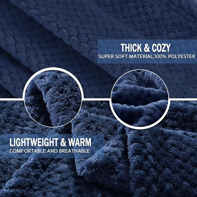 Exclusivo Mezcla Fleece Throw Blanket Extra Large, Super Soft and Warm Blankets for Couch, Sofa and Bed Waffle Textured, Cozy, Fuzzy and Lightweight (Navy Blue, 50x70 Inches)