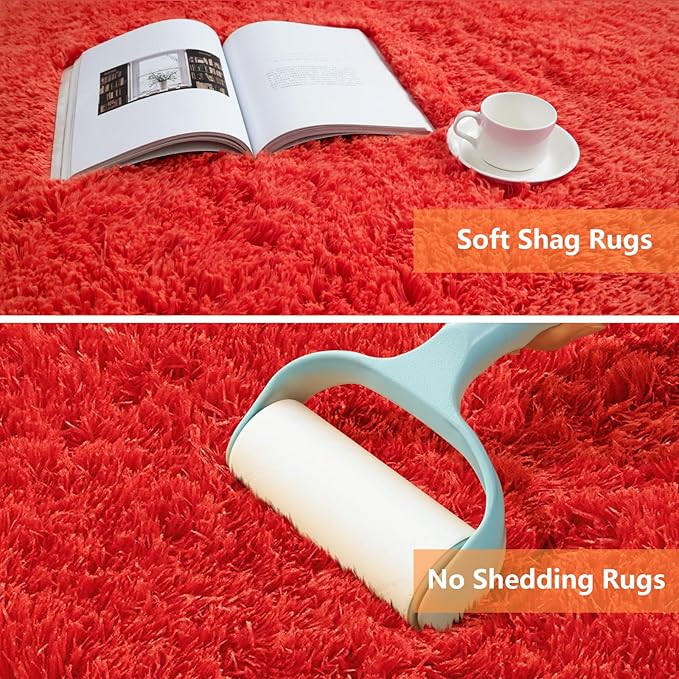 Red Shag Area Rugs for Bedroom Living Room,Ultra Soft Fluffy Christmas Area Rugs 5X8 for Dorm, Indoor Carpet Nursery Rugs for Kids Girls Room Home Decor