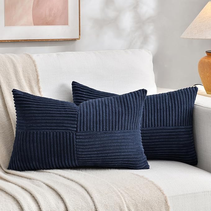 Fancy Homi 2 Packs Navy Blue Lumbar Decorative Throw Pillow Covers 12x20 Inch for Living Room Couch, Rustic Farmhouse Boho Home Decor, Soft Striped Corduroy Rectangle Accent Cushion Case 30x50 cm