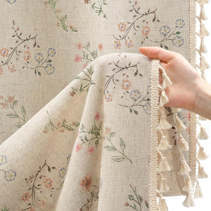 Boho Floral Spring Semi Sheer Curtains 84 Inch Length 2 Panels Set, Linen Texture Farmhouse Light Filtering Curtains Beige Tassel for Bedroom Living Room Vintage Rustic Patterned Printed Rod Pocket
