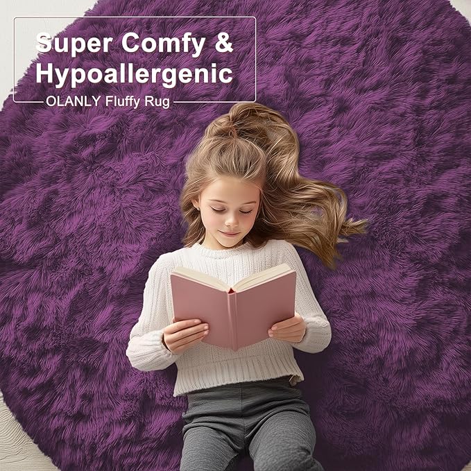 OLANLY Dark Purple Round Rugs for Bedroom - Machine Washable, 5 ft Circle Area Rugs for Living Room, Soft and Fluffy Shaggy Carpet for Teen Girl and Boys, Nursery Rooms, Dorms, Home Decor Aesthetic