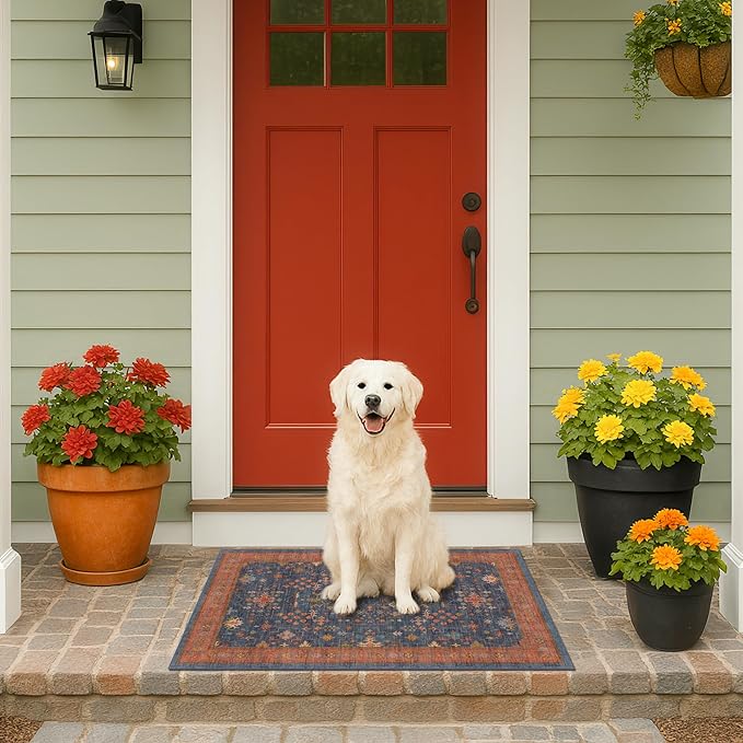 Hazo Haus Washable 2x3 Entry Rug Front Door Indoor, Farmhouse Small Area Rugs for Kitchen, Bathroom, Entrance, Non Slip Rubber Backed, Perfect for Boho Décor (2x3 Navy Blue)
