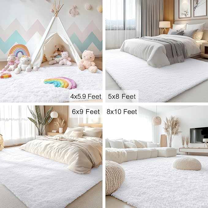 OLANLY 6x7 Area Rugs for Living Room Bedroom, Machine Washable Soft Fluffy Shaggy Bedside Rug, Indoor Floor Carpet for Kids Girls and Boys, Dorms, Nursery Rooms, Home Decor Aesthetic, White