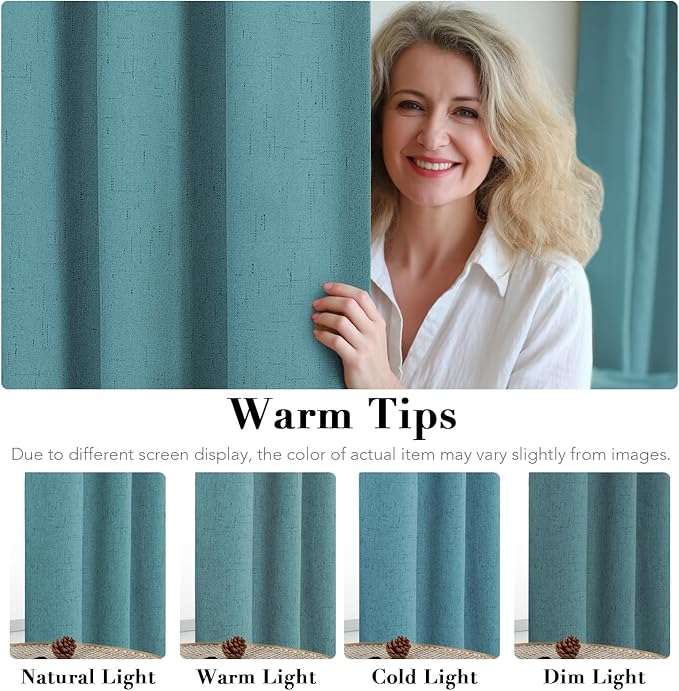 H.VERSAILTEX Primitive Linen Curtains 100% Blackout Curtain Drapes Burlap Fabric Curtains with White Thermal Insulated Liner, Grommet Top Drapes Living Room/Bedroom (2 Panels, 42 x 84 Inch, Teal)