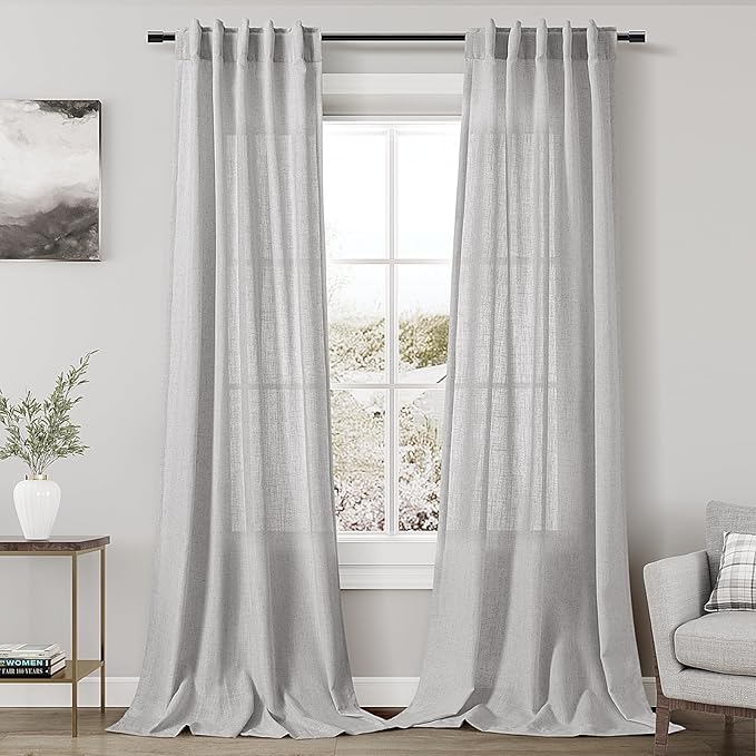 Nanspring Grey Linen Boho Curtains for Bedroom Back Tab Rod Pocket Semi Sheer Curtains 90 Inches Long 2 Panel Set Light Filtering Neutral Farmhouse Lightweight Drapes for Living Room 40x90