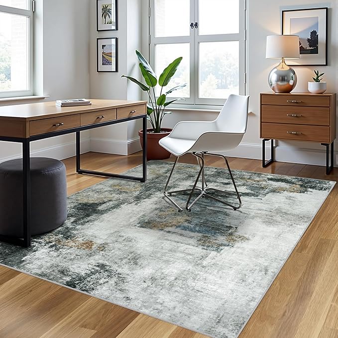 5x8 Area Rugs for Living Room Rug Washable: Abstract Rug for Dining Room Bedroom Carpet Non Slip 5 by 8 Indoor Modern Nursery Home Office Black Gold