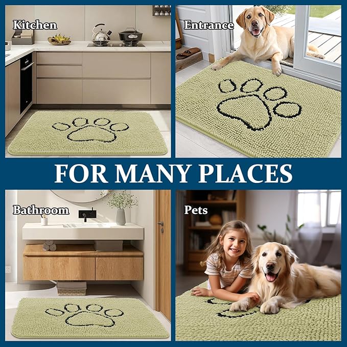 OLANLY Dog Door Mat for Muddy Paws 48x30, Paw Print Design, Absorbs Moisture and Dirt, Absorbent Non-Slip Washable Doormat, Quick Dry Chenille Mud Mat for Dogs, Entry Indoor Entryway Carpet, Vanilla