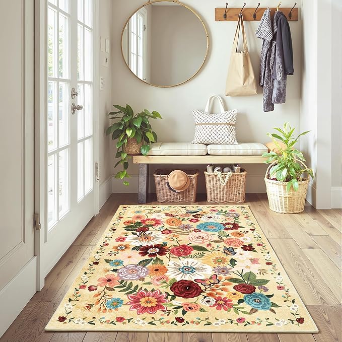 Floral Machine Washable Rug, 3x5 Rug Non Slip Soft Bedroom Rugs for Entryway Dorm, Ultra-Thin Rugs for Bedroom Stain Resistan(3 x 5, Yellow Garden)