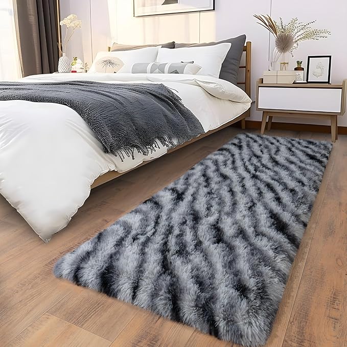 Soft Runner Rugs for Bedroom Hallways, 2x6 Black and White Fluffy Shag Throw Area Rug Non Slip for Bedside Dorm, Long Shaggy Furry Carpet for Nursery Living Room