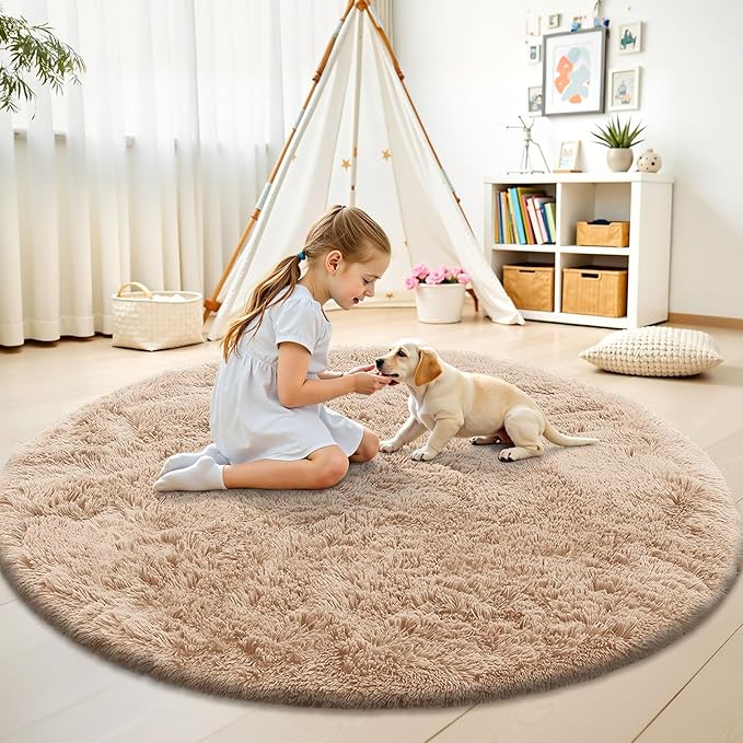 OLANLY Beige Round Rugs for Bedroom - Machine Washable, 4 ft Circle Area Rugs for Living Room, Soft and Fluffy Shaggy Carpet for Teen Girls and Boys, Nursery Rooms, Dorms, Home Decor Aesthetic