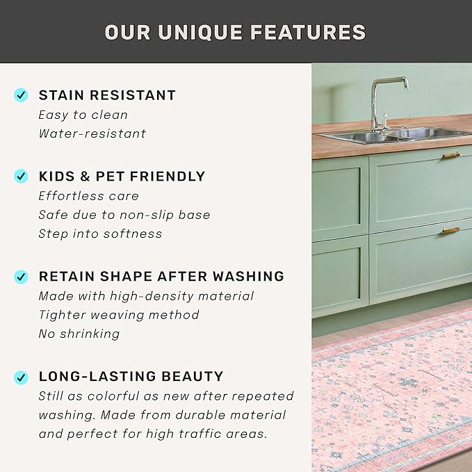 Washable Pink and Blue 8x10 Oushak Rugs for Bedroom Girls Dorm Living Room, Modern Floral Aethestic Distressed Design, Soft Faux Wool Low Pile Non Slip Stain Resistance Carpet