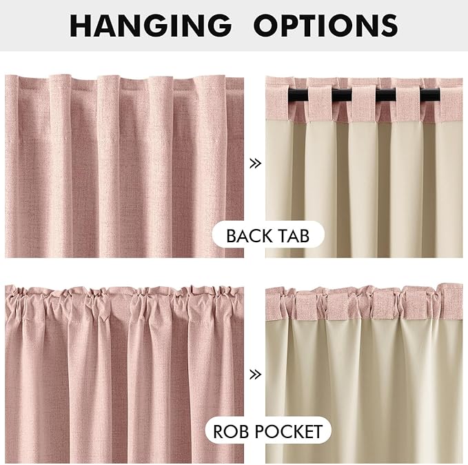 MIULEE 100% Blackout Linen Curtains for Bedroom, Blush Pink Solid Luxury Decor Thermal Insulation Room Darkening Drapes for Living Room Nursery Back Tab Rod Pocket 42 x 96 Inches, 2 Panels