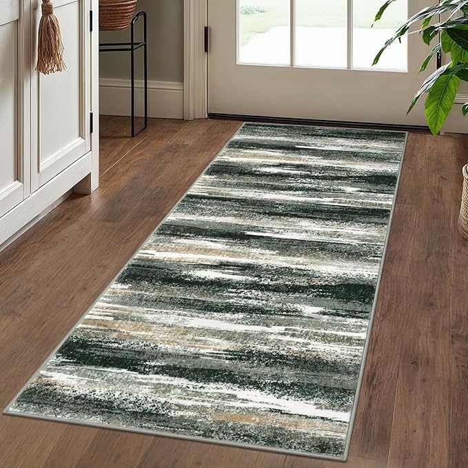 Lansny Modern Abstract Runner Rug 2x5, Forest Green Washable Entryway Kitchen Runner Non-Slip Soft Hallway Rug Runner Thin Print Faux Wool Carpet for Bedroom Laundry Room Indoor