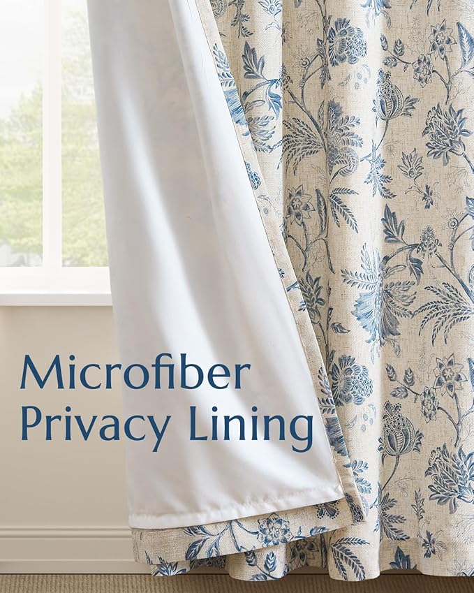 jinchan Lined Linen Floral Curtains for Living Room, 63 Inch Length Printed Flower Farmhouse Patterned French Country Back Tab Blue Window Drapes Set Privacy Bedroom Curtains, 2 Panels