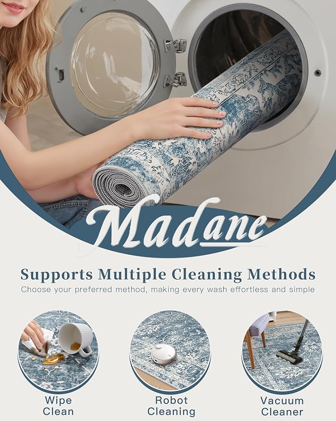 Madane Washable 6x9 Area Rugs for Living Room, Vintage Rug with Non-Slip Backing, Soft Stain Resistant Throw Rugs Thin Carpet for Bedroom Dining Room Farmhouse (6 x 9, Cadet Blue)