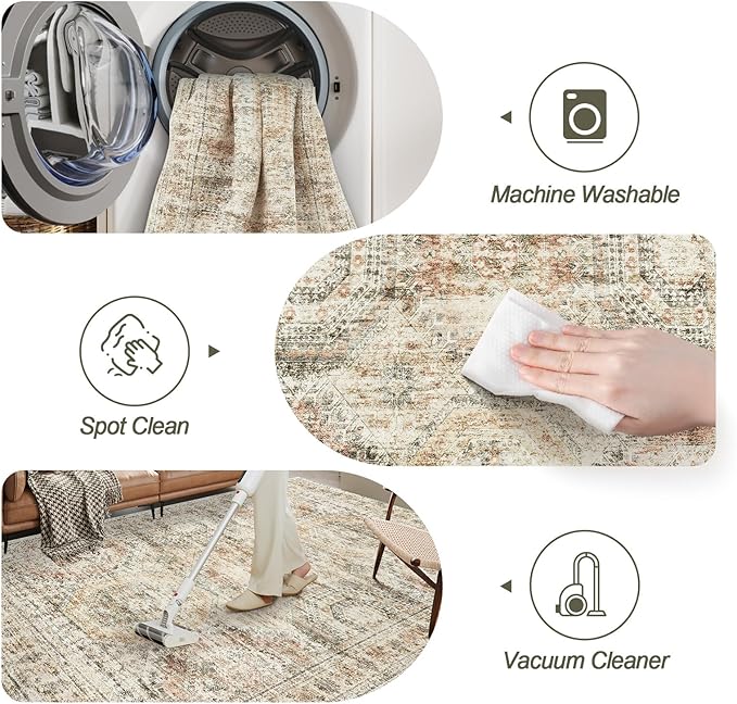 9x12 Area Rugs for Living Room, Non Slip Machine Washable Vintage Rugs, Low Pile Lightweight Large Rug for Bedroom, Dining Room, Home Office Brown Pink