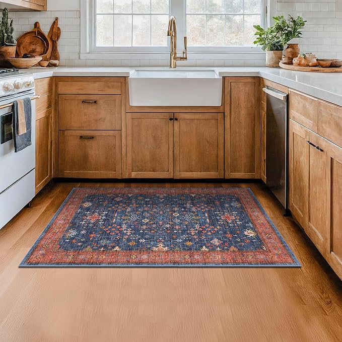 Washable Kitchen Rugs, 3x4 Area Rug for Large Entryway Indoor, Kitchen Mat, Small Rug for Living Room - Stain Resistant Non Skid Non Slip Rubber Backing, Boho Aethestic Décor (3x4 Navy Blue)