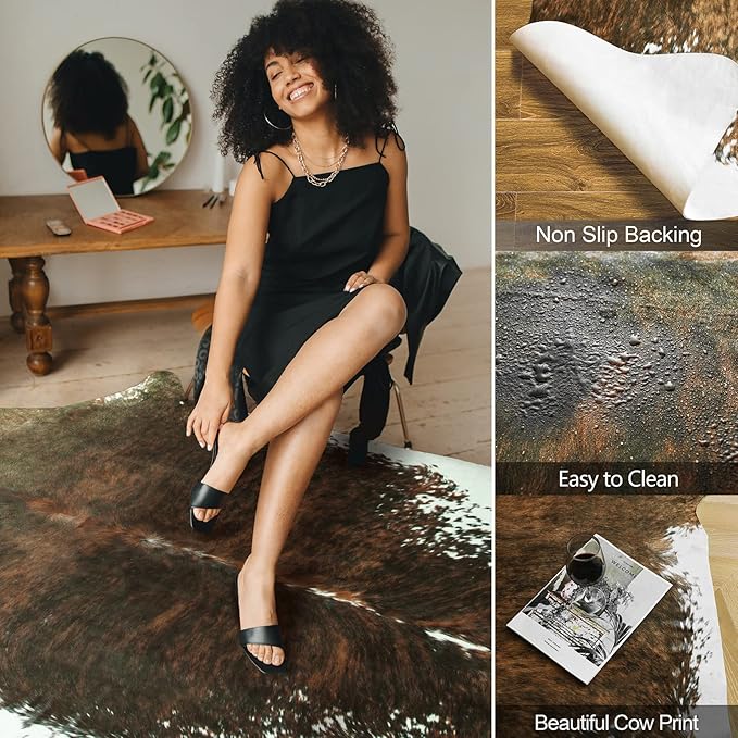 AROGAN Premium Faux Cowhide Rug 4.6 x 5.2 Feet, Sturdy and Large Size Cow Print Rugs, Suitable for Bedroom Living Room Western Decor, Faux Fur Animal Cow Hide Carpet, Saddle Brown