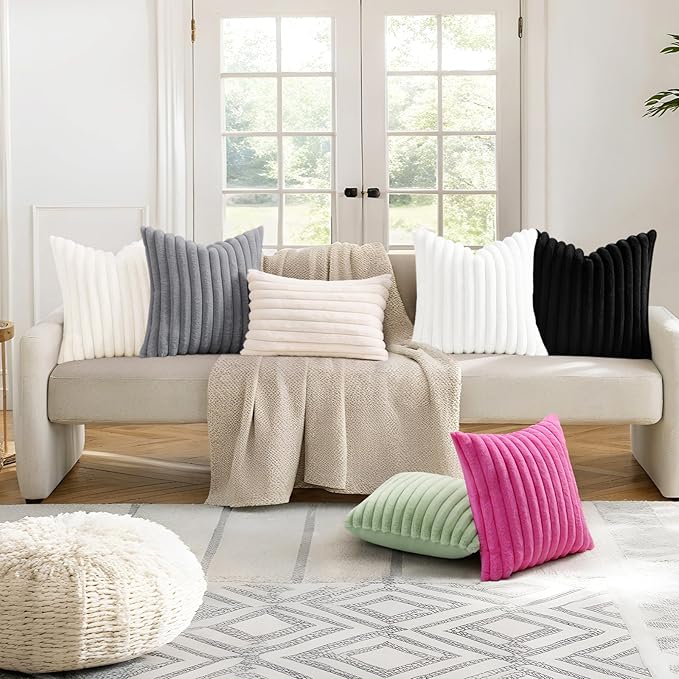 decorUhome Summer Cozy Faux Fur Throw Pillow Covers 12x20 Set of 2 Decorative Soft Plush Striped Lumbar Modern Farmhouse Boho Couch Pillow Cases with Velvet Back for Sofa Bed Living Room, Hot Pink