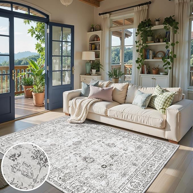 Grey White Area Rugs 5x8 for Living Room Bedroom, Non-Slip Washable Rugs Stain Resistant Boho Rug Low Pile Rug for ‎Dining Room Office (5 x8, Grey White)