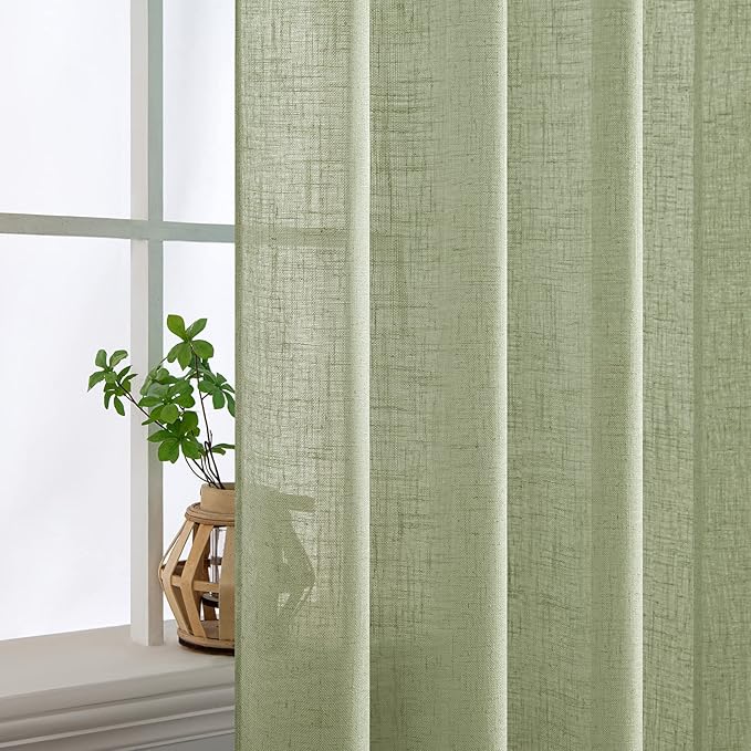 MIULEE Sage Green Linen Curtains 102 Inch Length 2 Panels for Bedroom Living Room, Soft Thick Linen Textured Window Drapes Semi Sheer Light Filtering Back Tab Rod Pocket Burlap Look Decor