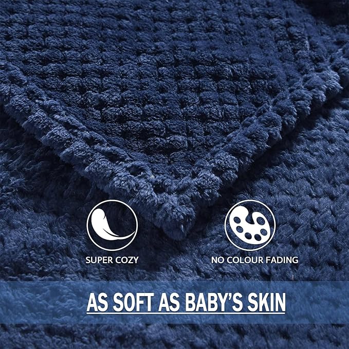 Exclusivo Mezcla Fleece Bed Blanket Queen Size, Super Soft and Warm Blankets for Couch, Sofa and Bed Waffle Textured, Cozy, Fuzzy and Lightweight (Navy Blue, 90x90 Inches)