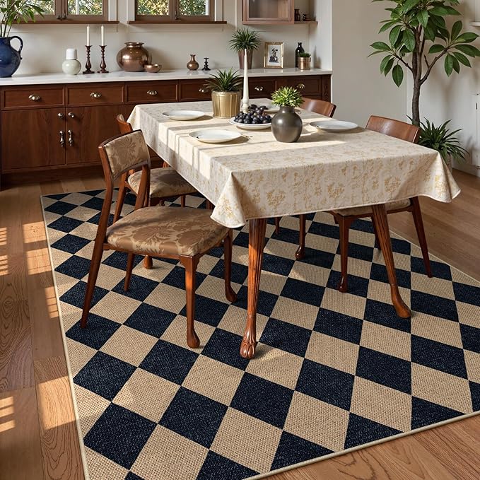 Lahome Colette Checkered Easy Jute Patio Rug, 6x9 Washable Indoor Outdoor Rug, Farmhouse Neutral Non Slip Non Shedding Low Pile Floor Carpet for Deck Living Dining Room Office Mudroom