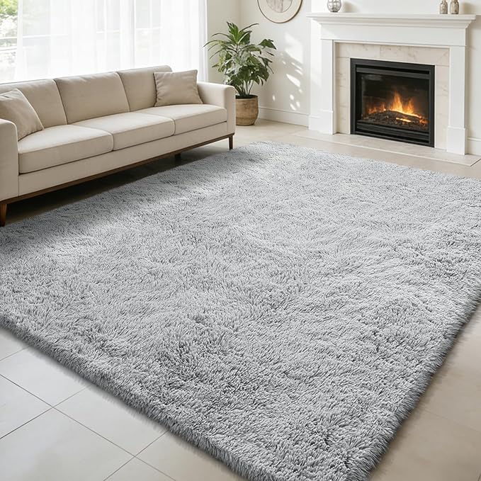 Ultra Soft Fluffy Area Rugs for Bedroom Living Room 10x14, Nursery Rug, Non-Slip Carpet for Kids Dorms Decor, Shaggy Bedside Rug, Light Grey