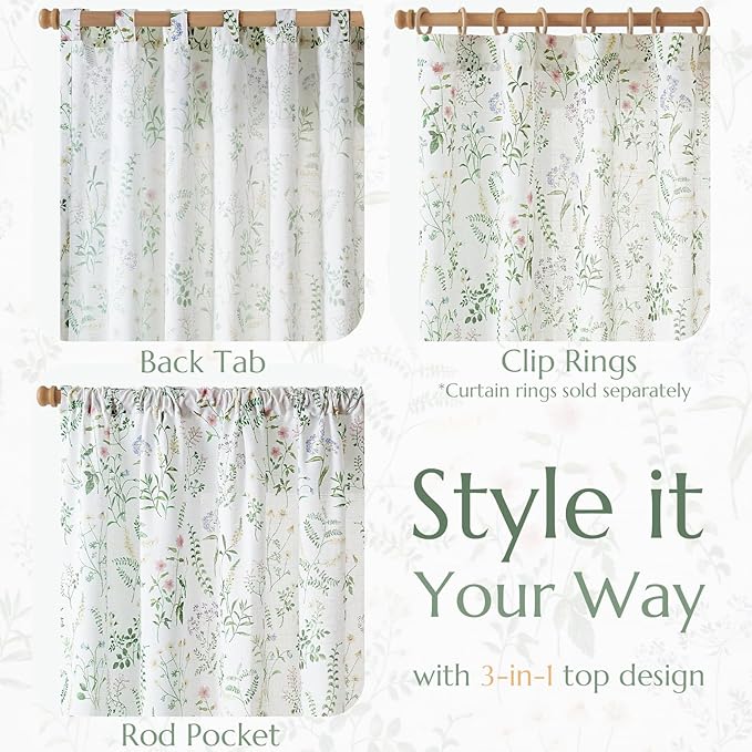 jinchan Floral Linen Blend Curtains for Living Room 63 Inch Length French Country Farmhouse Printed Curtains Sage Green on White Rod Pocket Back Tab Light Filtering Window Drapes 2 Panels