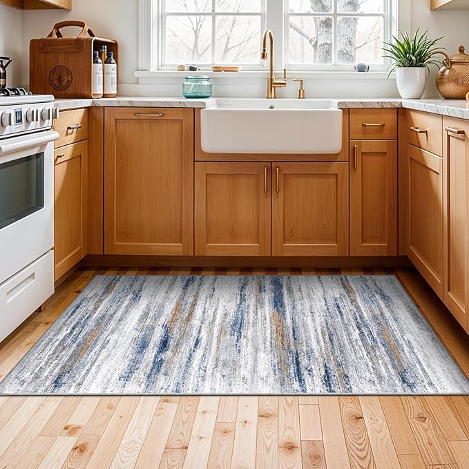 3x5 Area Rug Non-Slip: Washable Rugs for Hallway Entryway Kitchen Living Room Bedroom - Easy-to-Clean Stain and Water Resistant Carpet - Soft Low-Pile Throw Mat Navy Grey