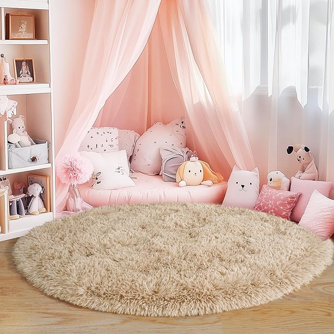 4'x4' Beige Round Rug for Bedroom, Ultra Soft Fluffy Circle Rug for Kids Girls Boys Room, Cute Shag Rugs for Living Room Playroom Tent Castle Home Decor Rug