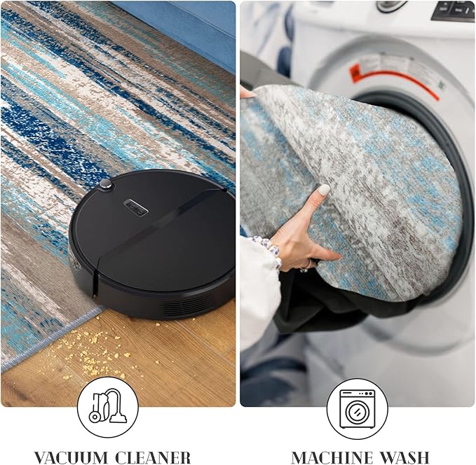 Lansny Modern Abstract Runner Rug 3x18, Blue Washable Long Kitchen Runner Non-Slip Soft Hallway Rug Runner Ultra Thin Print Faux Wool Carpet for Entryway Bedroom Laundry Room Indoor Home Decor