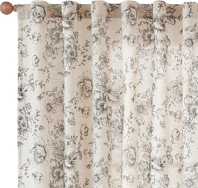 jinchan Linen Floral Curtains Extra Wide for Patio Sliding Glass Door Room Divider Curtain for Living Room 96 Inch Length Farmhouse Peony Black Printed Curtain Set 1 Panel