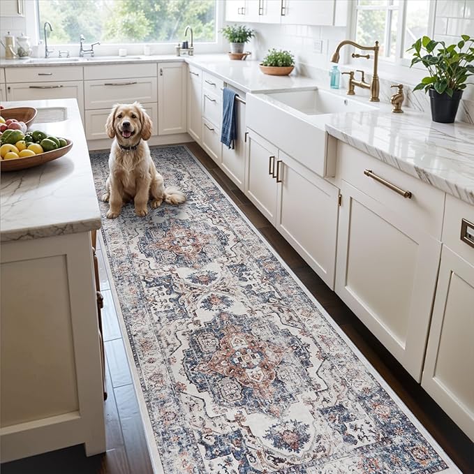 Hallway Washable Runner Rug - 2x10 Kitchen Rugs Entryway Rug Runner Vintage Soft Floor Mat Non Slip Indoor Farmhouse Carpet for Bathroom Living Room Bedroom (2 X 10, Brick)