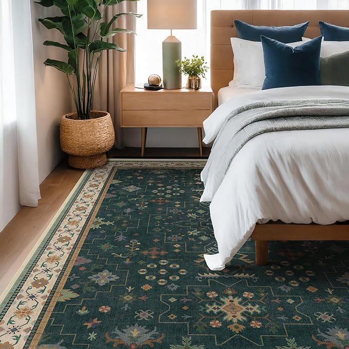 Hazo Haus Vintage Dark Green 6x9 Dining Room Rugs for Under Kitchen Table - Washable Livinig Room Rug - Unique Floral Pastel Low Pile Non-Slip Large Area Rugs for Bedroom