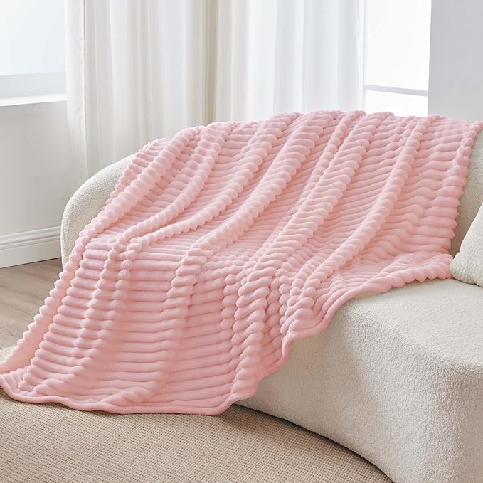BEDELITE Throw Blanket for Couch - 300GSM Soft & Warm Fluffy Pink Blanket, Decorative and Giftable Striped Blankets for Women, Men, 50"x70"