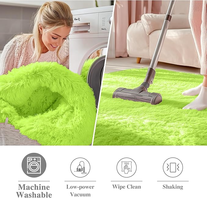 OLANLY Lime Green Round Rugs for Bedroom - Machine Washable, 5 ft Circle Area Rugs for Living Room, Soft and Fluffy Shaggy Carpet for Teen Girl and Boys, Nursery Rooms, Dorms, Home Decor Aesthetic