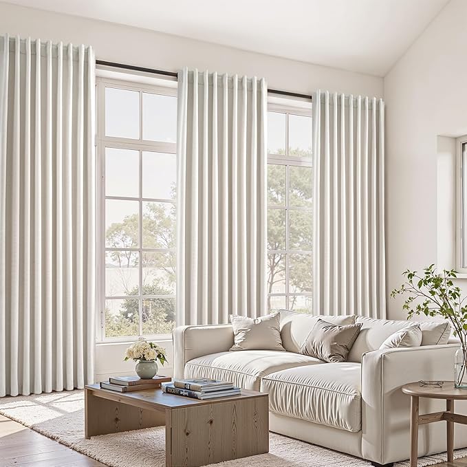 Topfinel 95 Inches Long Linen 100% Blackout Curtains 2 Panels Set Birch Ivory Custom Drapes for Sliding Glass Doors Saving Warm Blocking Modern Living Room Long Bedroom Curtains (W52 x L95)