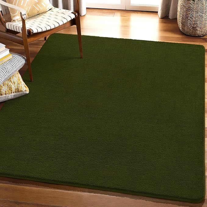 Amearea 4x4 Square Area Rugs for Bedroom Living Room, Olive Green Thickened Memory Foam Rug, Fluffy Indoor Washable Rug Non Slip Minimalist Carpet for Entryway Kids Boys Girls Dorm Nursery Room Decor