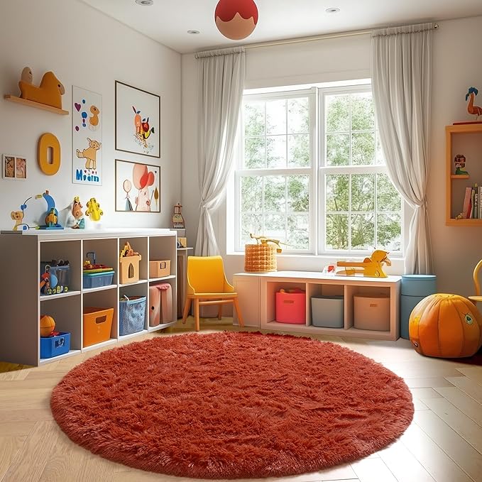 Amdrebio Terracotta Rust Circle Round Rug 4Ft for Bedroom Living Room Aesthetic, Fluffy Fuzzy Thick Shag Area Rugs for Kids Room Decor, Small Plush Furry Shaggy Carpet for Nursery Dorm Classroom