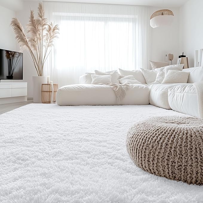 OLANLY 7x10 Machine Washable Large Area Rugs for Living Room, Bedroom, Soft Fluffy Shaggy Bedside Rug, Indoor Floor Carpet for Kids Girls and Boys, Dorms, Nursery, Home Decor Aesthetic, White